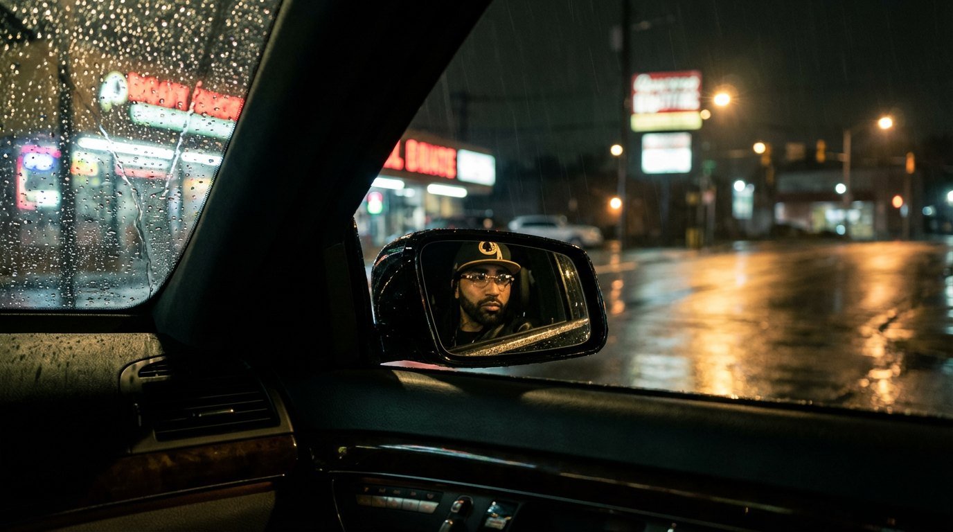 Eye Heru 369 in a car mirror on a rainy night