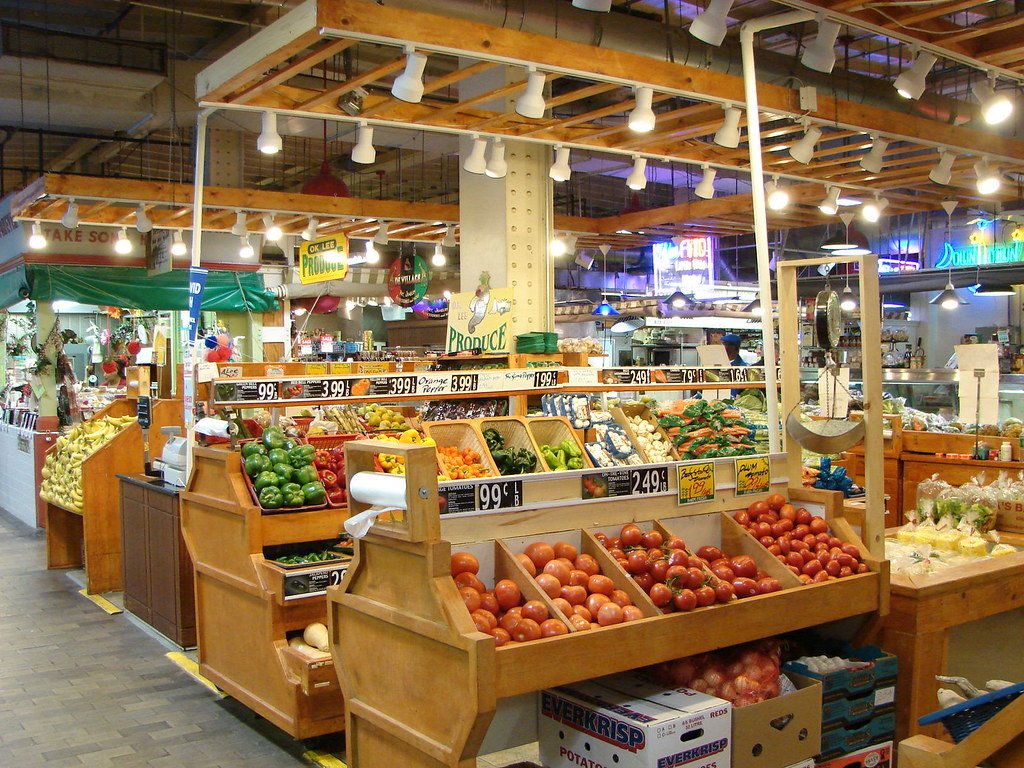 Grocery store produce section along the store perimeter